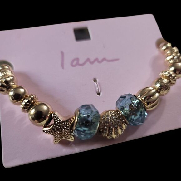 I Am Seashell Gold and Blue Beaded Bracelet - Picture 2 of 3